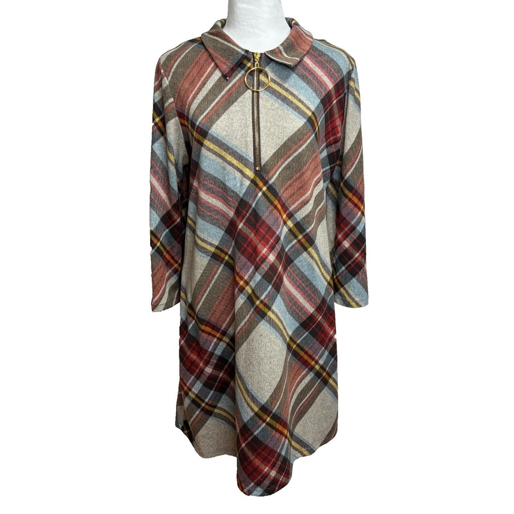 R&K Shift Dress Plaid Tartan Plaid‎ Quarter Zip Ring Pull Knit Office Casual  L